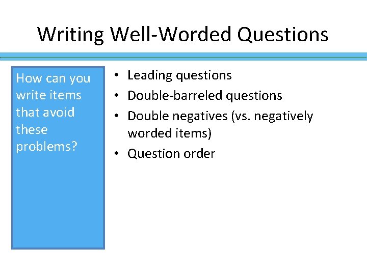 Writing Well-Worded Questions How can you write items that avoid these problems? • Leading Writing Well-Worded Questions How can you write items that avoid these problems? • Leading