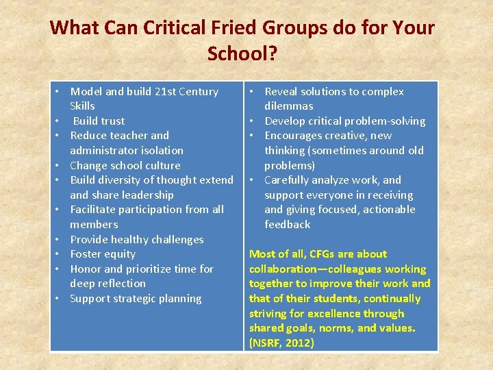 What Can Critical Fried Groups do for Your School? • Model and build 21