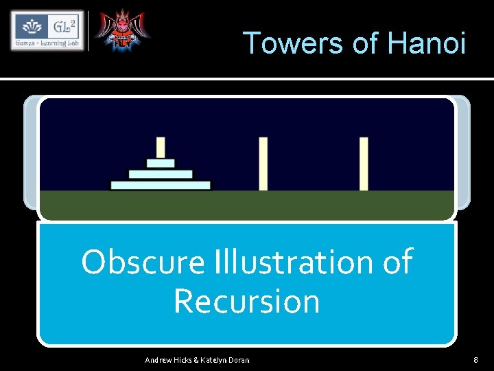 Towers of Hanoi Obscure Illustration of Recursion Andrew Hicks & Katelyn Doran 8 