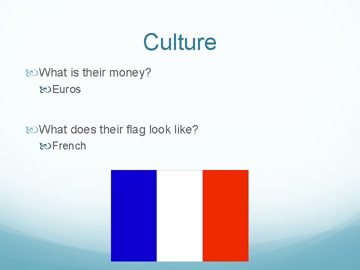 Culture What is their money? Euros What does their flag look like? French 