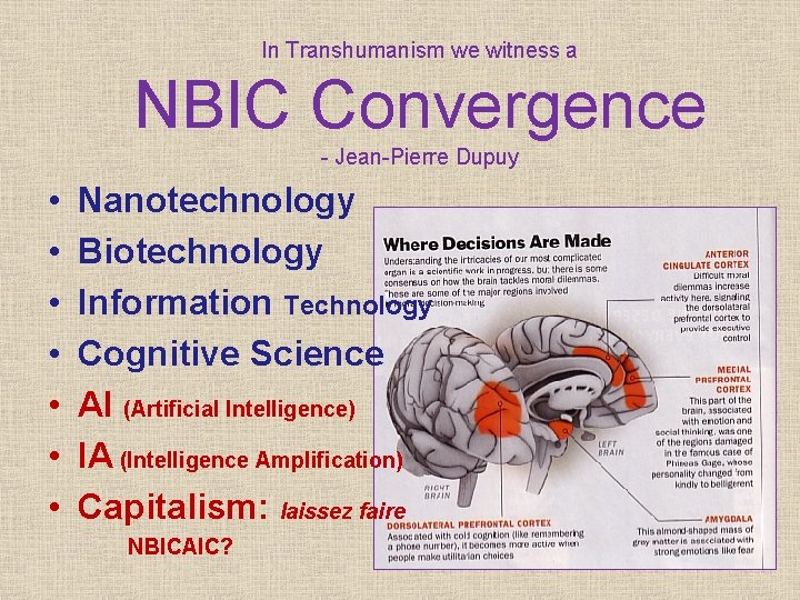 In Transhumanism we witness a NBIC Convergence - Jean-Pierre Dupuy • • Nanotechnology Biotechnology