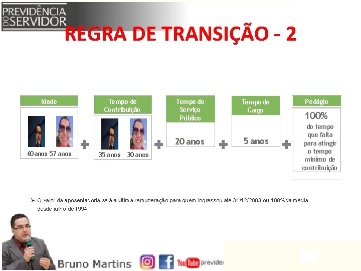 REGRA DE TRANSIÇÃO - 2 Idade Tempo de Contribuição Tempo de Serviço Público 20