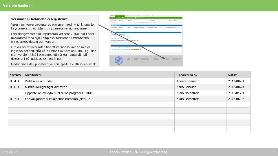 Versionshantering Versioner av lathunden och systemet Varannan vecka uppdateras systemet med ny funktionalitet. I