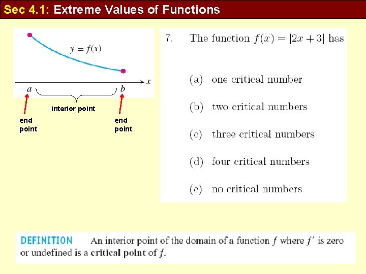 Sec 4. 1: Extreme Values of Functions interior point end point 