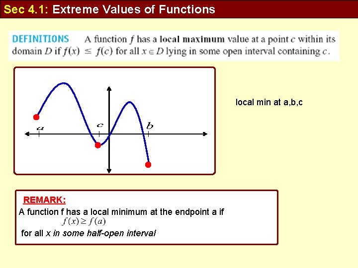 Sec 4. 1: Extreme Values of Functions local min at a, b, c REMARK: