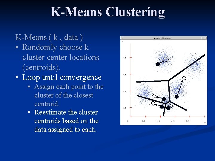 K-Means Clustering K-Means ( k , data ) • Randomly choose k cluster center
