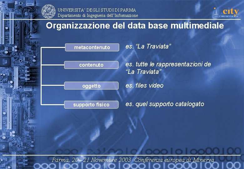 UNIVERSITA’ DEGLI STUDI DI PARMA Dipartimento di Ingegneria dell’Informazione Organizzazione del data base multimediale