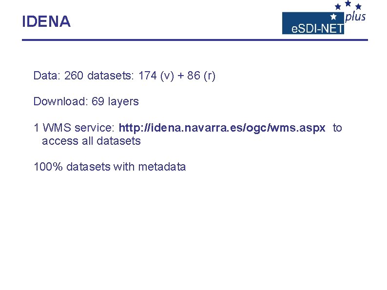 IDENA Data: 260 datasets: 174 (v) + 86 (r) Download: 69 layers 1 WMS