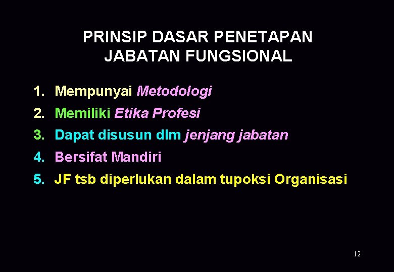 PRINSIP DASAR PENETAPAN JABATAN FUNGSIONAL 1. Mempunyai Metodologi 2. Memiliki Etika Profesi 3. Dapat