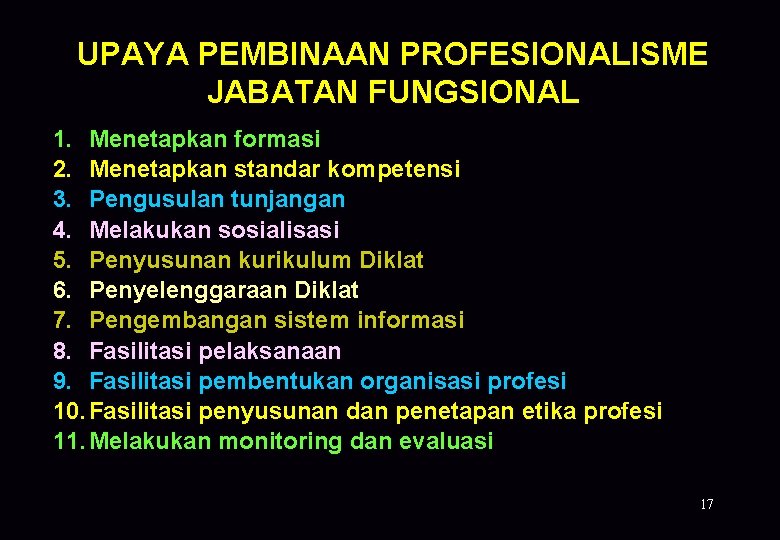 UPAYA PEMBINAAN PROFESIONALISME JABATAN FUNGSIONAL 1. Menetapkan formasi 2. Menetapkan standar kompetensi 3. Pengusulan