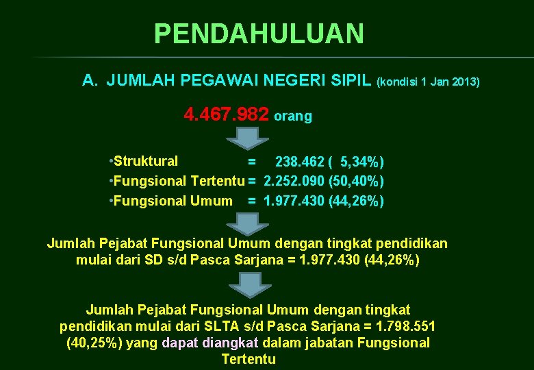 PENDAHULUAN A. JUMLAH PEGAWAI NEGERI SIPIL (kondisi 1 Jan 2013) 4. 467. 982 orang