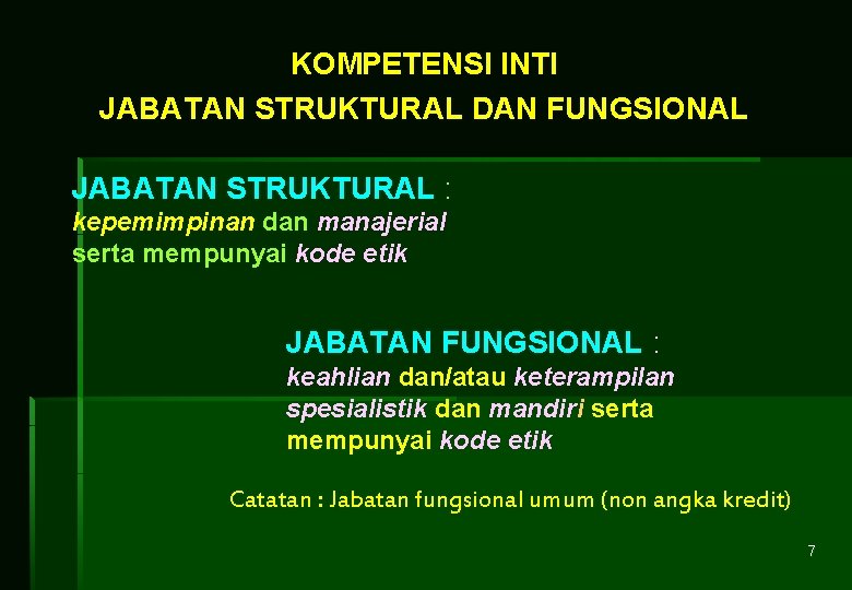 KOMPETENSI INTI JABATAN STRUKTURAL DAN FUNGSIONAL JABATAN STRUKTURAL : kepemimpinan dan manajerial serta mempunyai