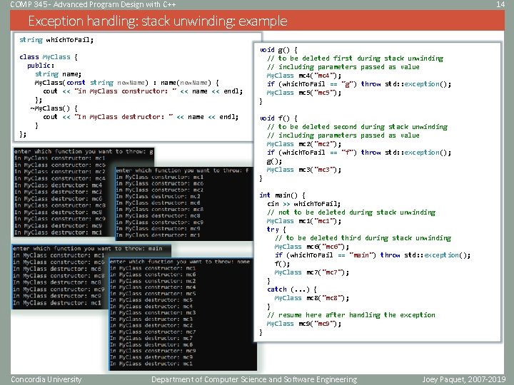 COMP 345 - Advanced Program Design with C++ 14 Exception handling: stack unwinding: example