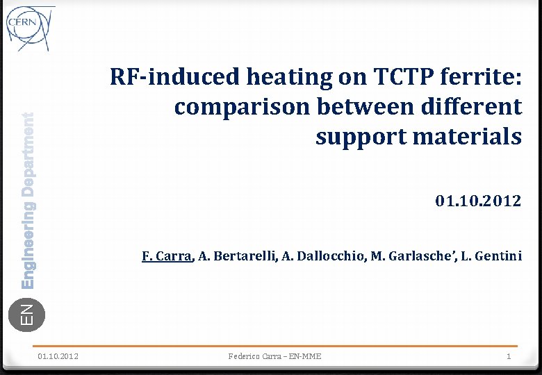 RF-induced heating on TCTP ferrite: comparison between different support materials 01. 10. 2012 EN