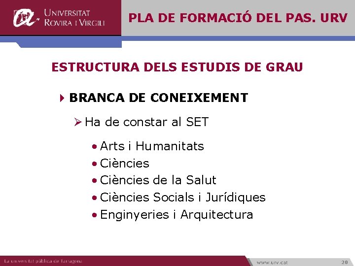 PLA DE FORMACIÓ DEL PAS. URV ESTRUCTURA DELS ESTUDIS DE GRAU 4 BRANCA DE