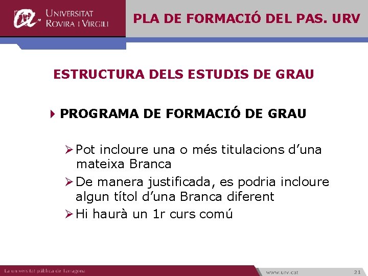 PLA DE FORMACIÓ DEL PAS. URV ESTRUCTURA DELS ESTUDIS DE GRAU 4 PROGRAMA DE