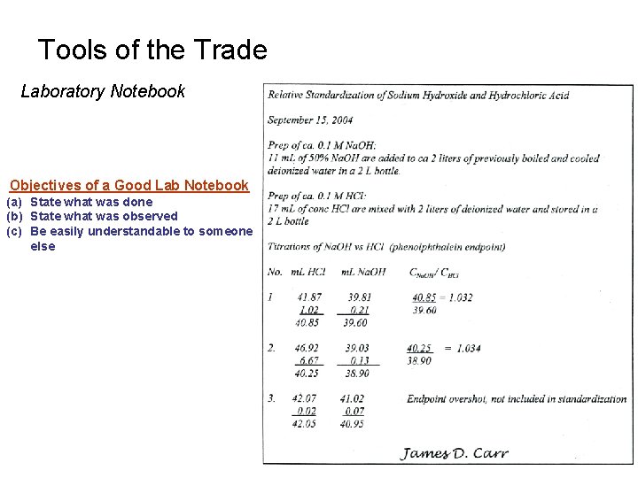 Tools of the Trade Laboratory Notebook Objectives of a Good Lab Notebook (a) State