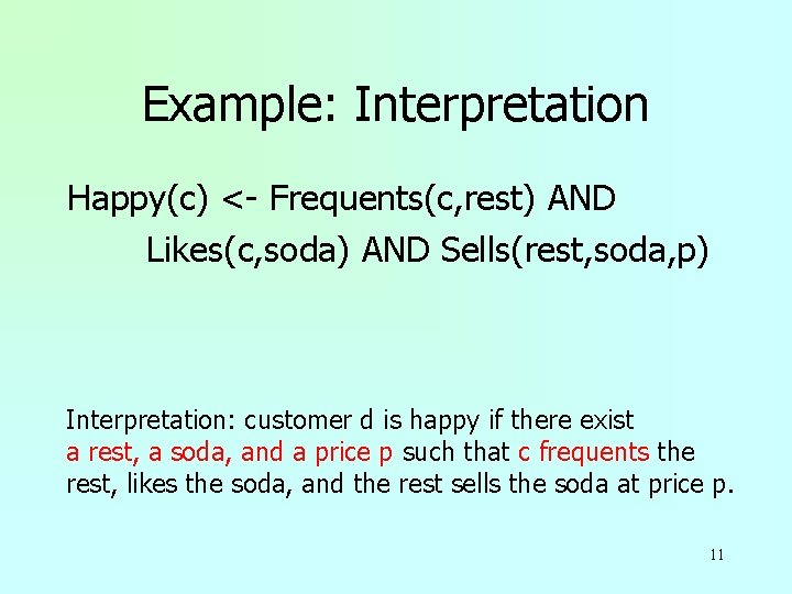 Example: Interpretation Happy(c) <- Frequents(c, rest) AND Likes(c, soda) AND Sells(rest, soda, p) Interpretation: