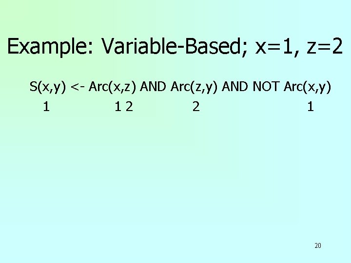 Example: Variable-Based; x=1, z=2 S(x, y) <- Arc(x, z) AND Arc(z, y) AND NOT