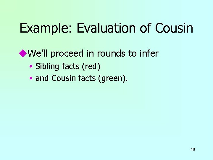 Example: Evaluation of Cousin u. We’ll proceed in rounds to infer w Sibling facts