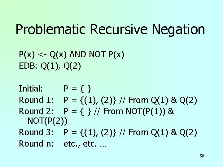 Problematic Recursive Negation P(x) <- Q(x) AND NOT P(x) EDB: Q(1), Q(2) Initial: P={}