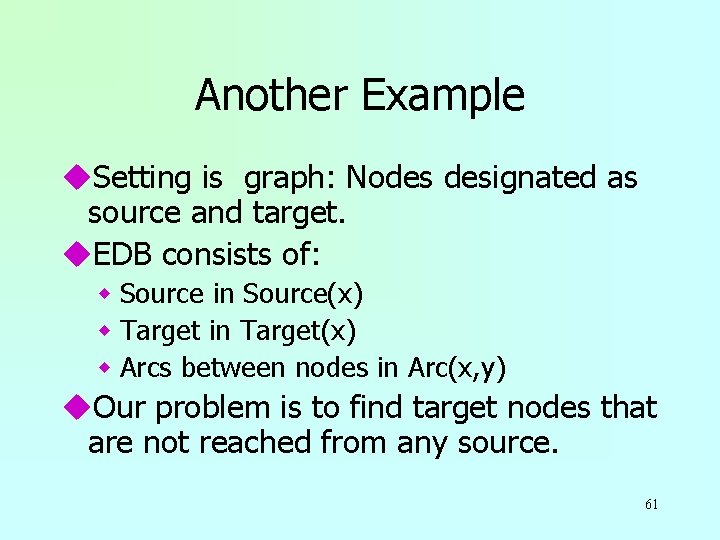 Another Example u. Setting is graph: Nodes designated as source and target. u. EDB