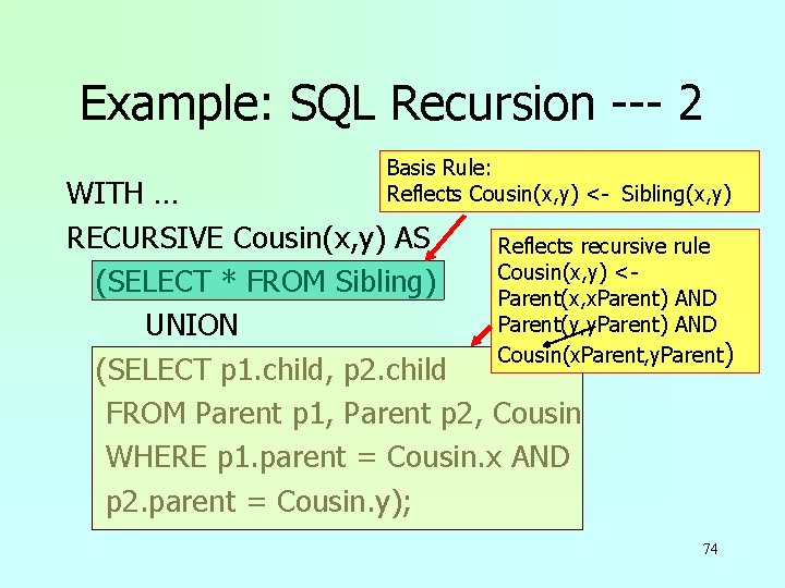 Example: SQL Recursion --- 2 Basis Rule: Reflects Cousin(x, y) <- Sibling(x, y) WITH