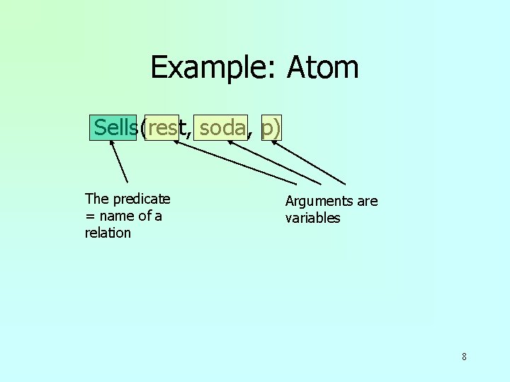 Example: Atom Sells(rest, soda, p) The predicate = name of a relation Arguments are