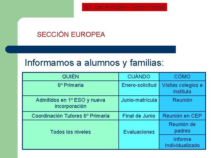 IES Juan de Padilla – Torrijos (Toledo) SECCIÓN EUROPEA Informamos a alumnos y familias: