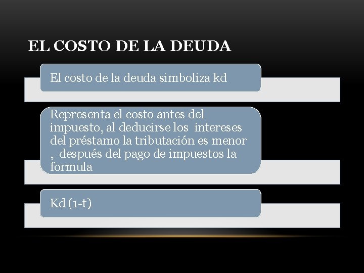 EL COSTO DE LA DEUDA El costo de la deuda simboliza kd Representa el