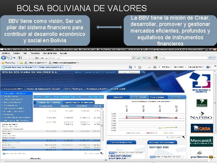 BOLSA BOLIVIANA DE VALORES BBV tiene como visión, Ser un pilar del sistema financiero