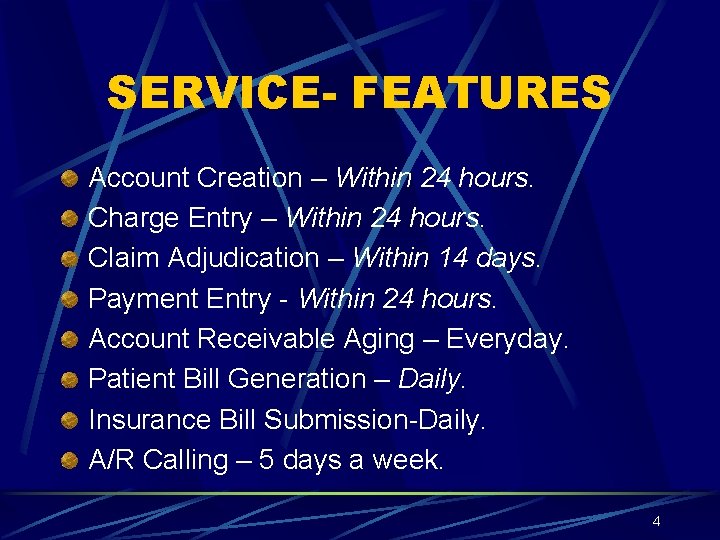 SERVICE- FEATURES Account Creation – Within 24 hours. Charge Entry – Within 24 hours.