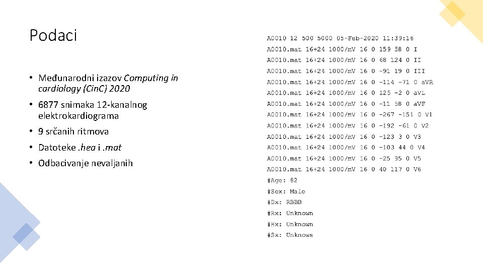 Podaci • Međunarodni izazov Computing in cardiology (Cin. C) 2020 • 6877 snimaka 12