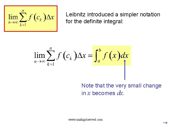 Leibnitz introduced a simpler notation for the definite integral: Note that the very small