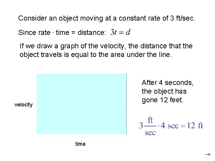 Consider an object moving at a constant rate of 3 ft/sec. Since rate. time