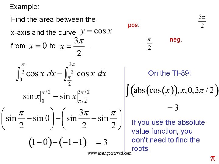 Example: Find the area between the x-axis and the curve from to . pos.