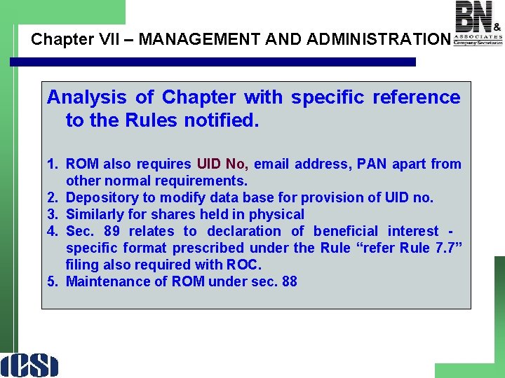 Chapter VII – MANAGEMENT AND ADMINISTRATION Analysis of Chapter with specific reference to the