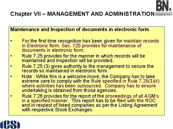 Chapter VII – MANAGEMENT AND ADMINISTRATION Maintenance and Inspection of documents in electronic form