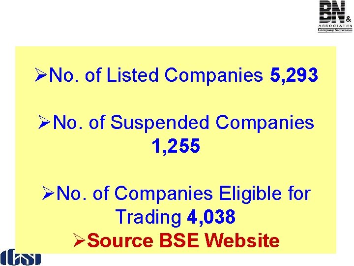 ØNo. of Listed Companies 5, 293 ØNo. of Suspended Companies 1, 255 ØNo. of