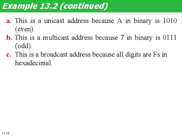 Example 13. 2 (continued) a. This is a unicast address because A in binary