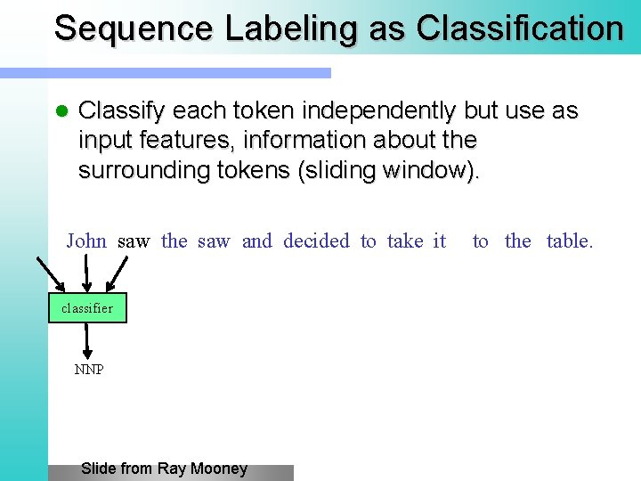 Sequence Labeling as Classification l Classify each token independently but use as input features,