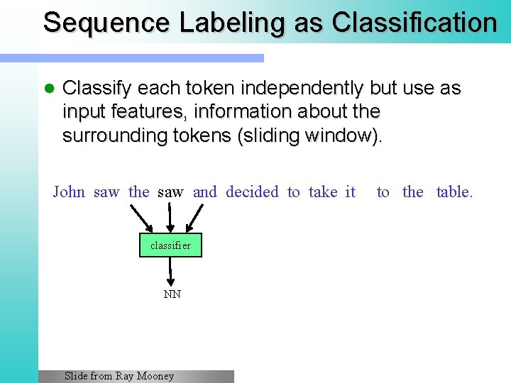 Sequence Labeling as Classification l Classify each token independently but use as input features,