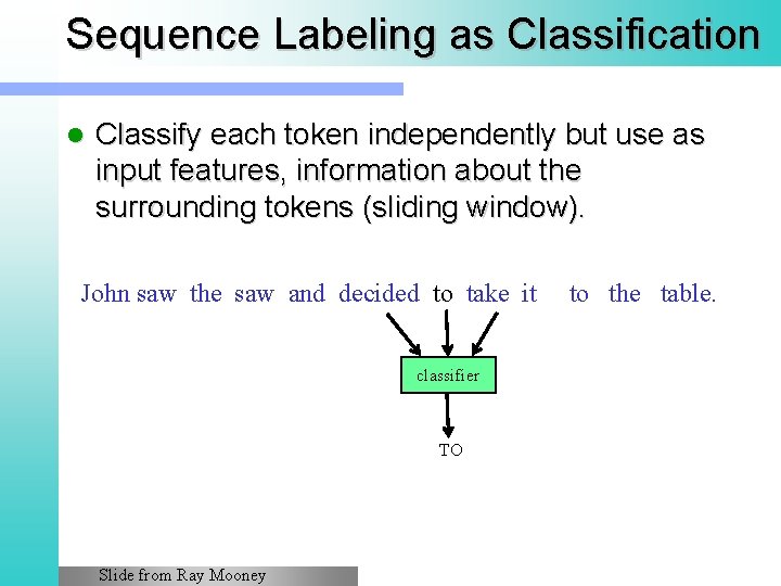 Sequence Labeling as Classification l Classify each token independently but use as input features,