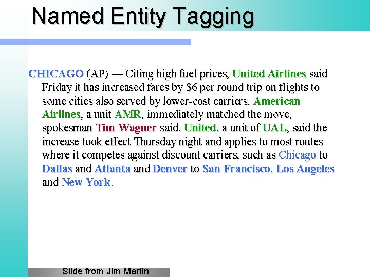 Named Entity Tagging CHICAGO (AP) — Citing high fuel prices, United Airlines said Friday Named Entity Tagging CHICAGO (AP) — Citing high fuel prices, United Airlines said Friday