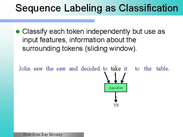 Sequence Labeling as Classification l Classify each token independently but use as input features, Sequence Labeling as Classification l Classify each token independently but use as input features,