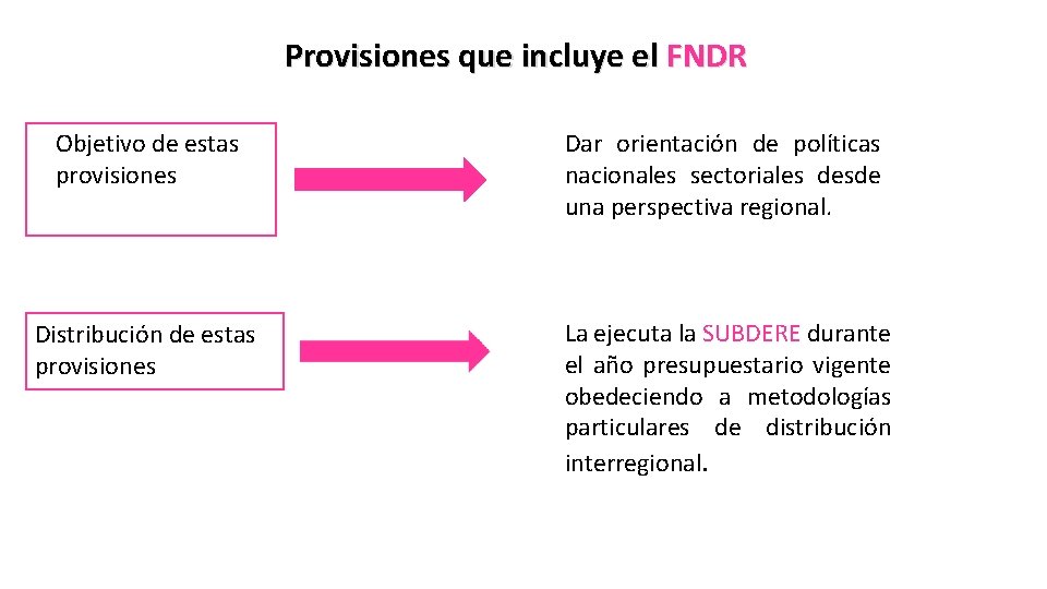 Provisiones que incluye el FNDR Objetivo de estas provisiones Dar orientación de políticas nacionales