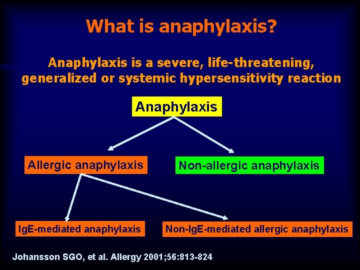 What is anaphylaxis? Anaphylaxis is a severe, life-threatening, generalized or systemic hypersensitivity reaction Anaphylaxis