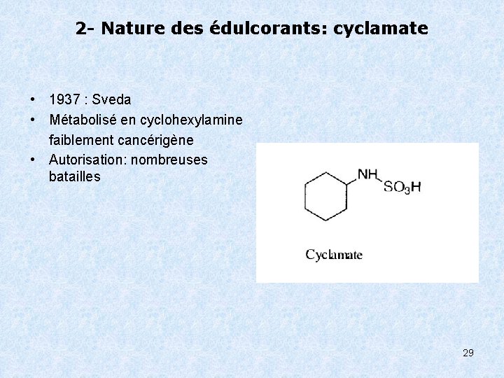 2 - Nature des édulcorants: cyclamate • 1937 : Sveda • Métabolisé en cyclohexylamine