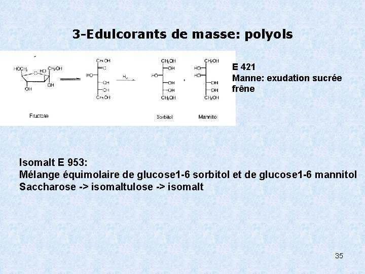 3 -Edulcorants de masse: polyols E 421 Manne: exudation sucrée frêne Isomalt E 953:
