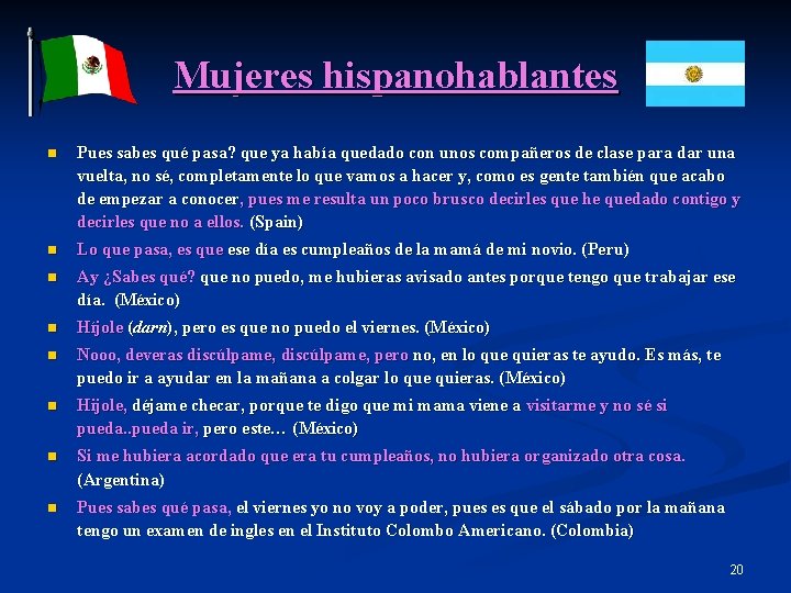 Mujeres hispanohablantes n Pues sabes qué pasa? que ya había quedado con unos compañeros